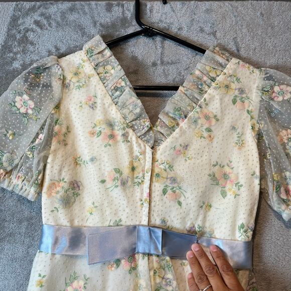 Vintage 70s Sheer Floral Maxi Dress Cottagecore Prairie Lace Puff Sleeve Gown XS - Picture 3 of 7